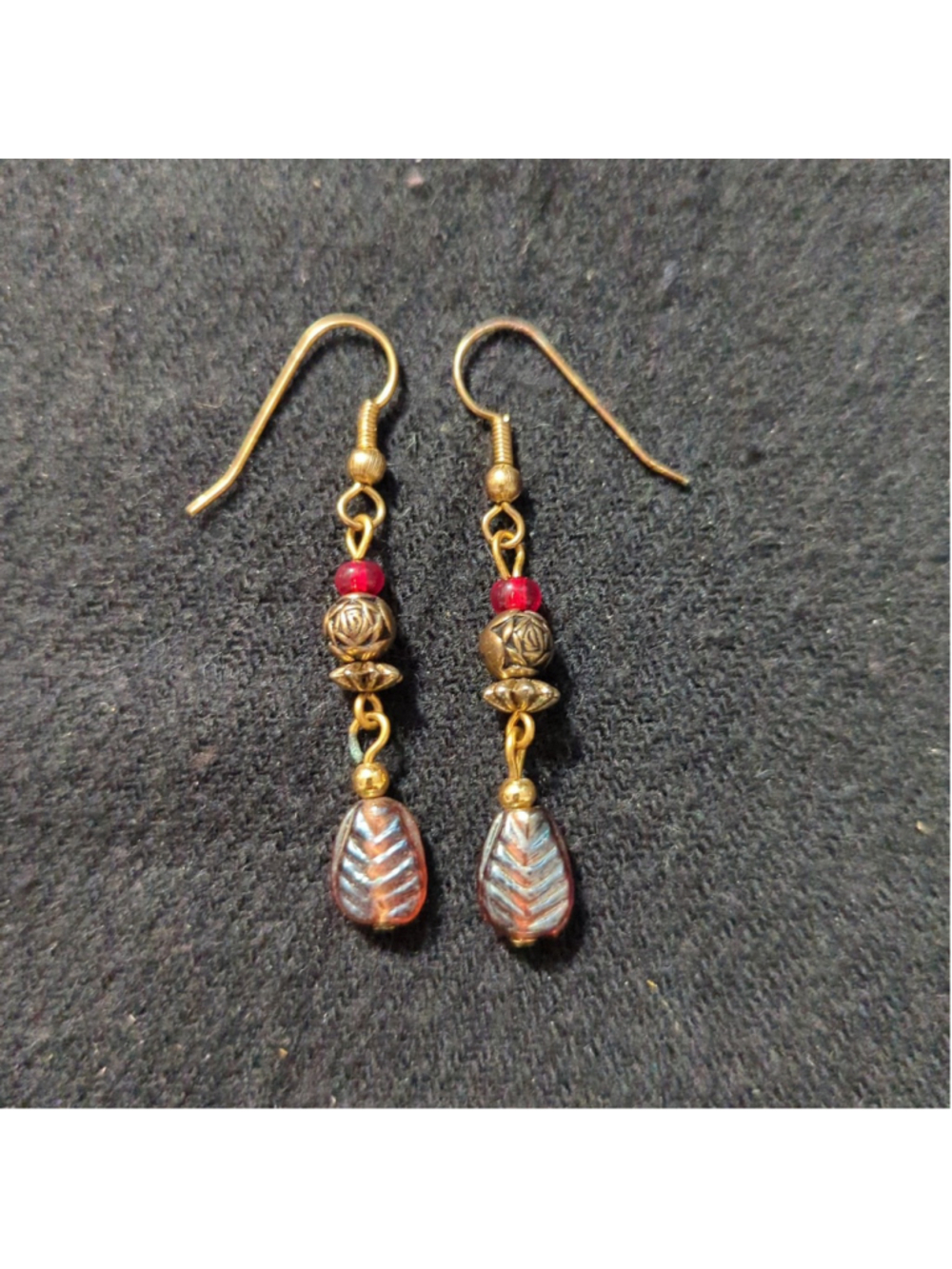 Gold Tone Red and Brown Beaded Leaf Dangle Statement Earrings